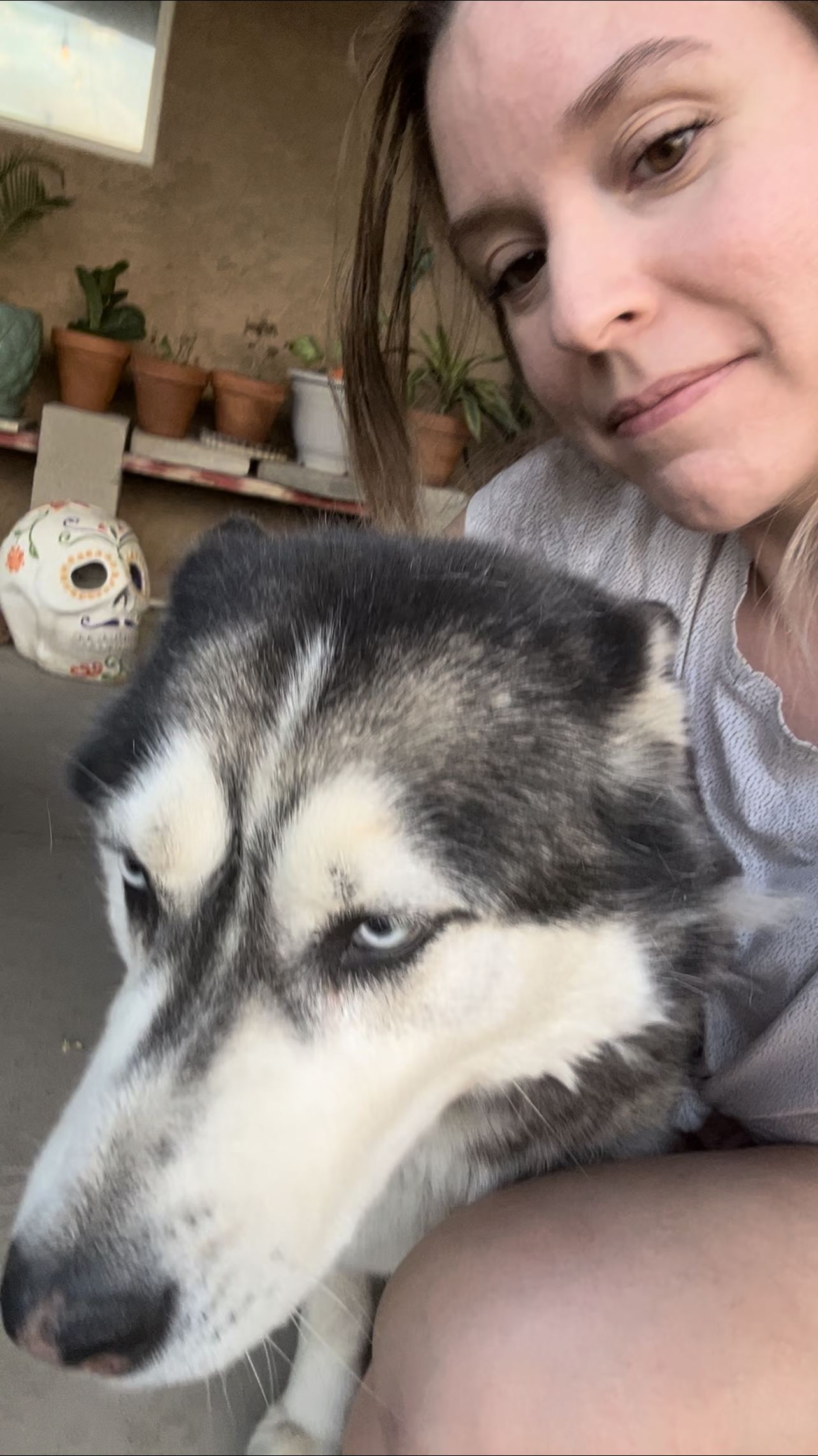 A black and white husky and a woman smiling, kneeling down, and posing for a photo.